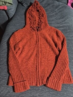 Vintage 90s Radzoli Women's Fringe Hooded Zip Cardigan in Burnt Orange